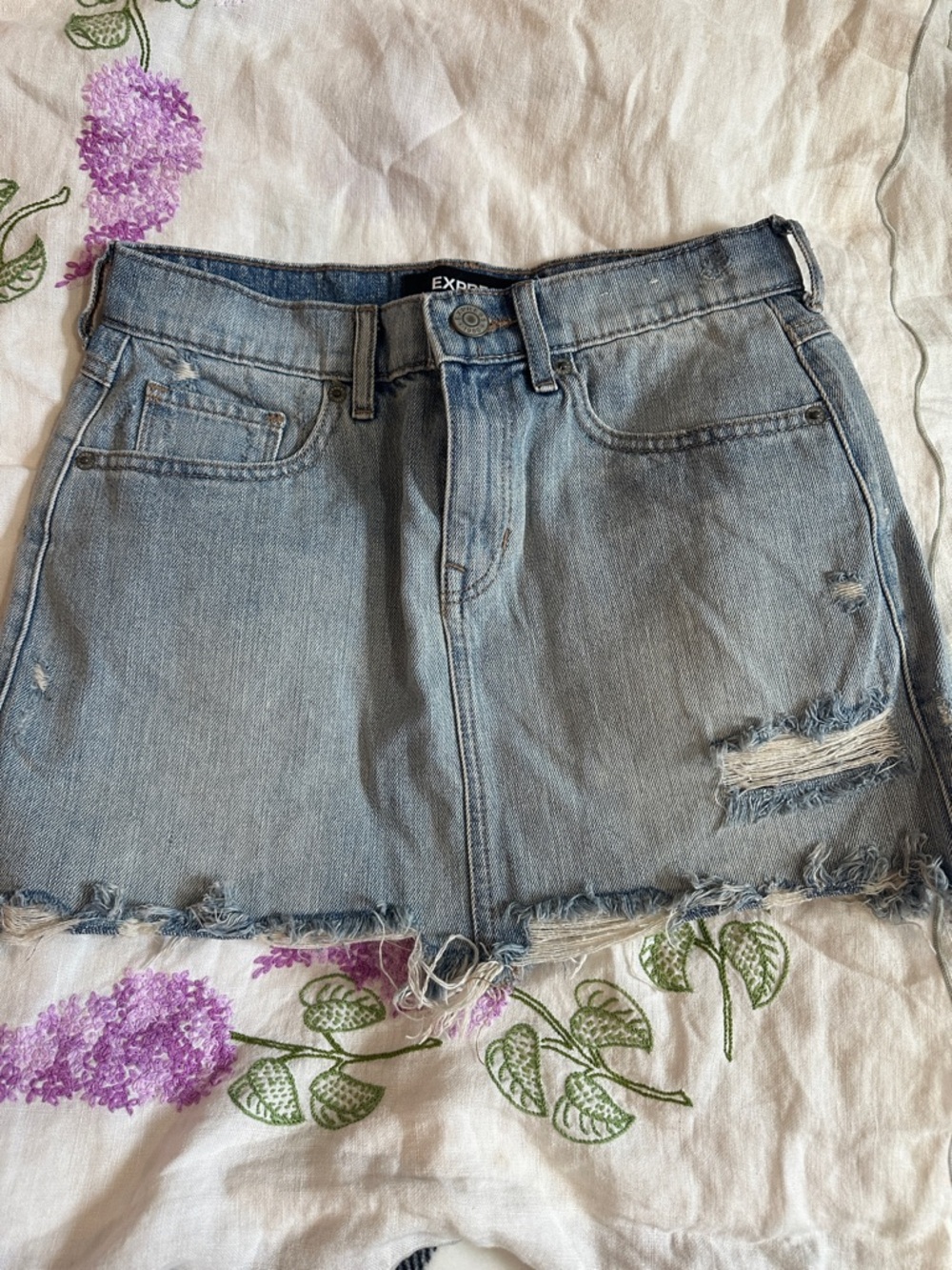 Express Distressed Light Blue Denim Mini Skirt